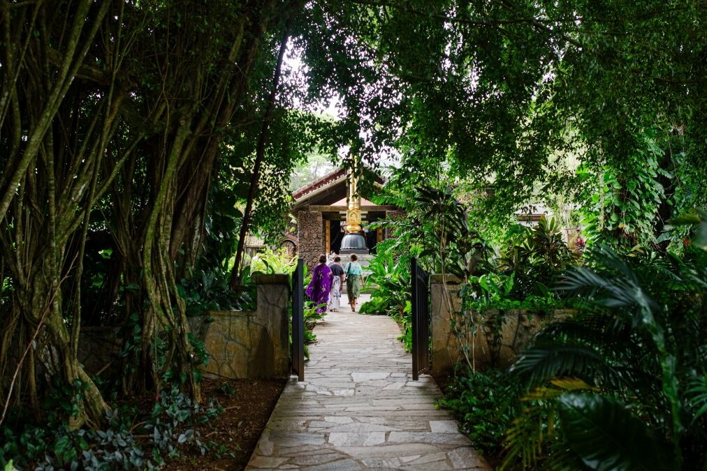 Garden at Kauai's Hindu Monastery, A Hindu monastery-temple complex in Hawaii of the Tamil Saivite tradition, with Indian–style temples on lush, tropical grounds, Wailua, Kauai, Hawaii