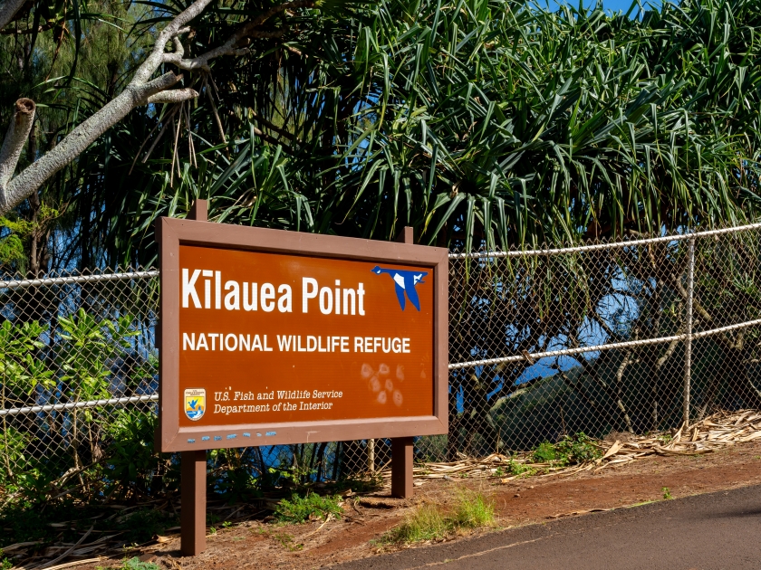 Kilauea, Hawaii, USA - January 25, 2024: The sign of Kilauea Point National Wildlife Refuge in Kilauea, Hawaii, USA.