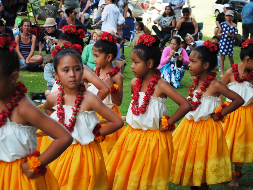 Kokee State Park, Kauai, Hawaii, USA, October 8, 2011, Young Hula Dancers Lined Up Waiting to Perform