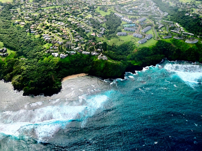 Aerial view of Lawai town, sea cliffs and ocean. Kauai,Hawaii