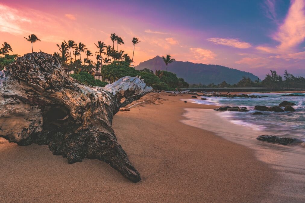 Sunset over Lydgate State Beach Park, located north of Lihue on the island of Kauai, Hawaii, United States.