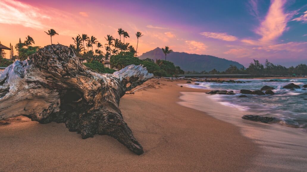 Sunset over Lydgate State Beach Park, located north of Lihue on the island of Kauai, Hawaii, United States.