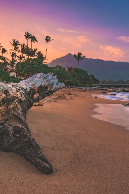 Sunset over Lydgate State Beach Park, located north of Lihue on the island of Kauai, Hawaii, United States.