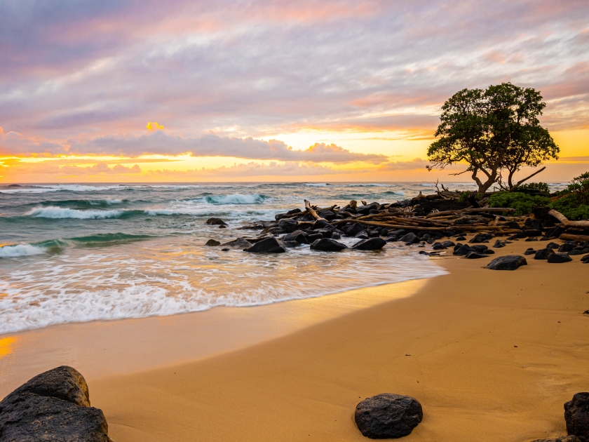 Cloudy Morning Light on The Sandy Shore of Lydgate Beach, Lydgate Beach Park, Kauai, Hawaii, USA