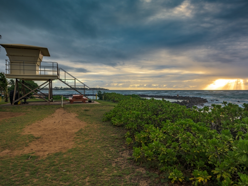 Cloudy sunrise, seen from Lydgate State Park on Kauai, Hawaii