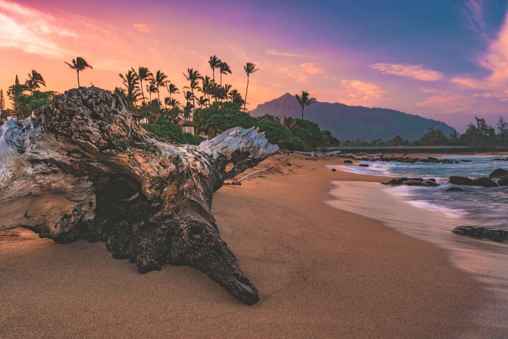 Sunset over Lydgate State Beach Park, located north of Lihue on the island of Kauai, Hawaii, United States.