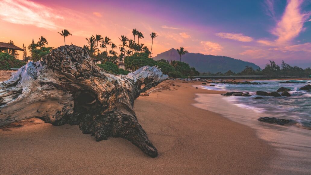 Sunset over Lydgate State Beach Park, located north of Lihue on the island of Kauai, Hawaii, United States.