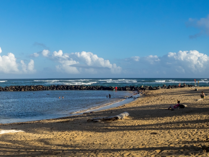 Panorama of the kids area at Lydgate State Park on the east coast of Kauai, USA.