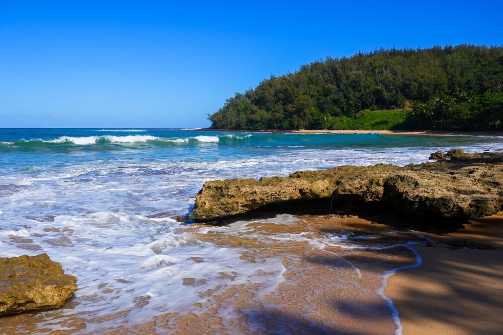 Rocks on Moloa'a beach on the North Shore of Kauai island in Hawaii, United States