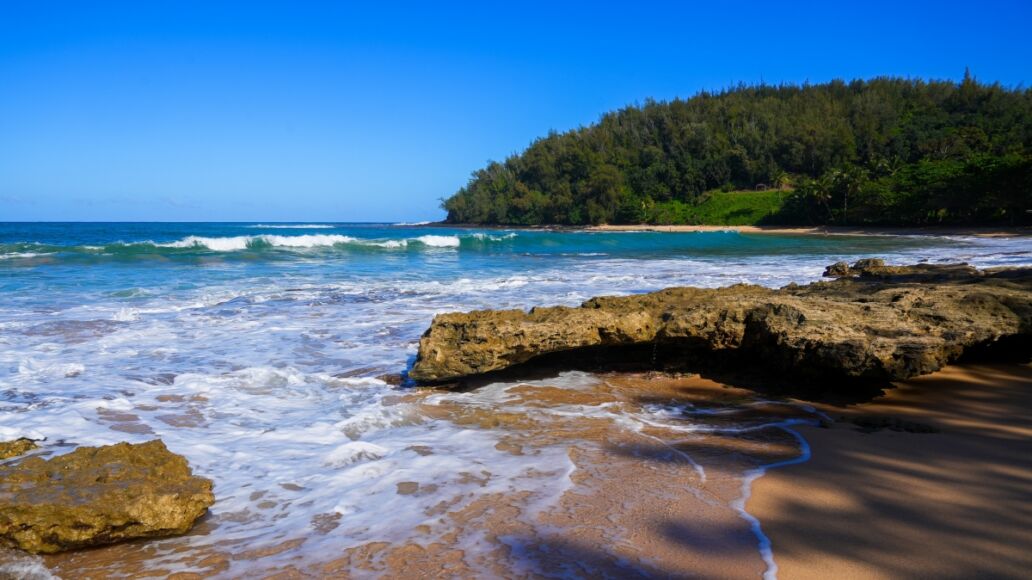 Rocks on Moloa'a beach on the North Shore of Kauai island in Hawaii, United States