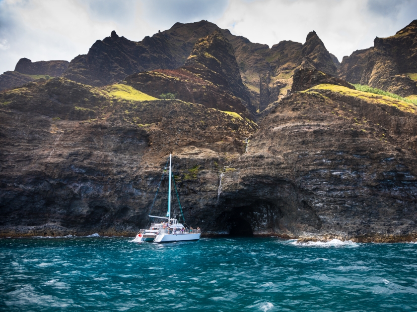 Boat touring Sea caves on the Na Pali Coast, Kauai