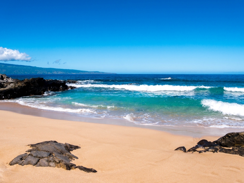 Oneloa Beach at Kapalua Costal Trail - Maui - Golden Sand Beach with black Lava Rocks