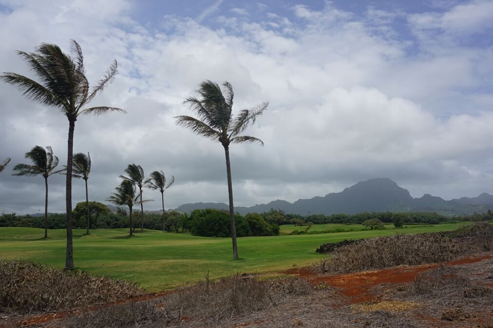 Poipu Bay Golf Course, Kauai, Hawaii. With Palm trees, cloudy sky and mountains.