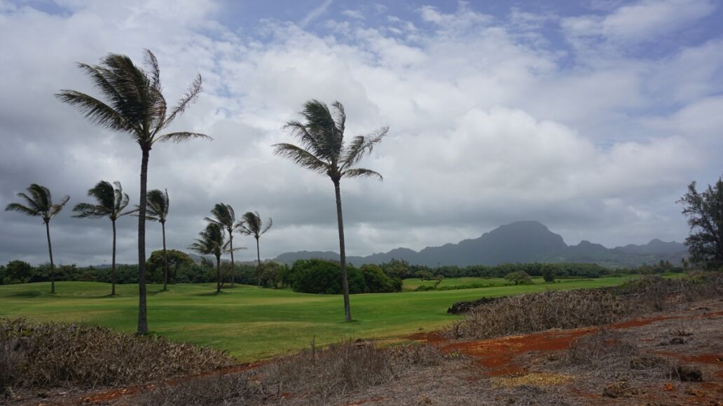 Poipu Bay Golf Course, Kauai, Hawaii. With Palm trees, cloudy sky and mountains.