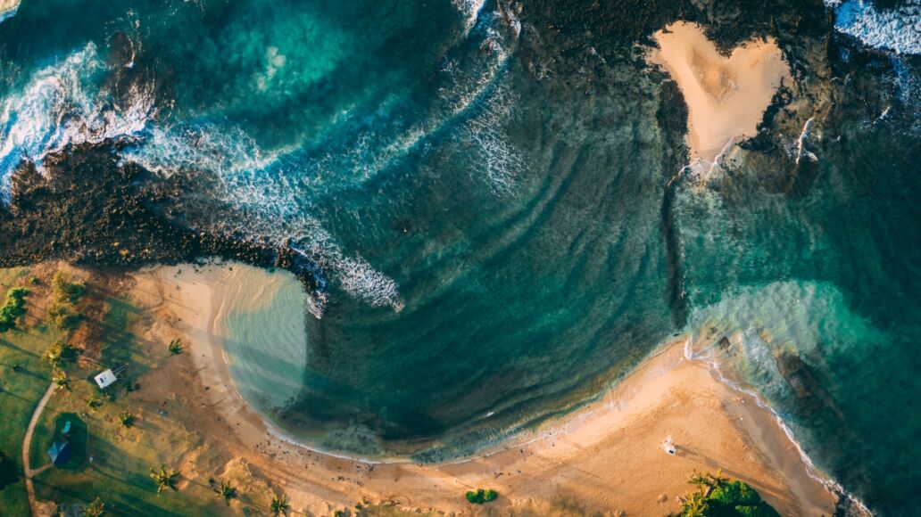 Poipu Hawaii Beach Park aerial overhead drone shot. Morning light, turquoise water, palm trees, rolling waves, lifeguard tower and sleeping turtle on the shoreline