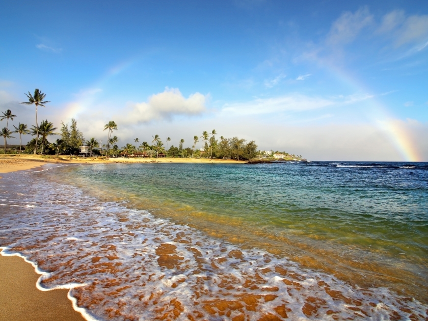 the sunset rainbow on the Poipu beach, island of love, Kauai