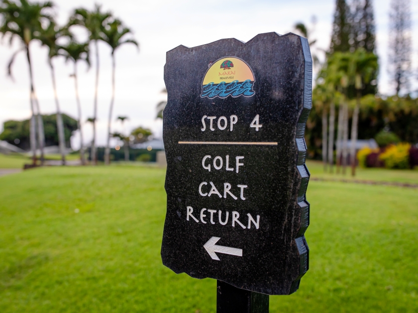 Princeville, Kauai US - July 22, 2024: information signs at Makai Golf Club in Princeville, one of the best courses in Hawaii, with six ocean front holes