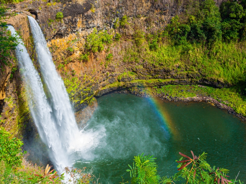 The Wailua River Cascading Over Wailua Falls, Lihue, Kauai, Hawaii, USA