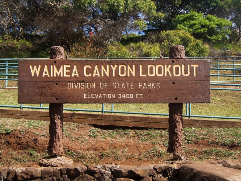 Waimea Canyon lookout sign, Kauai Island, Hawaii, USA