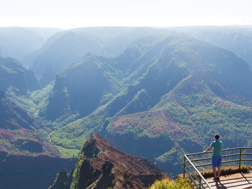 young man enjoying beautiful view of waimea canyon at kauai island, hawaii