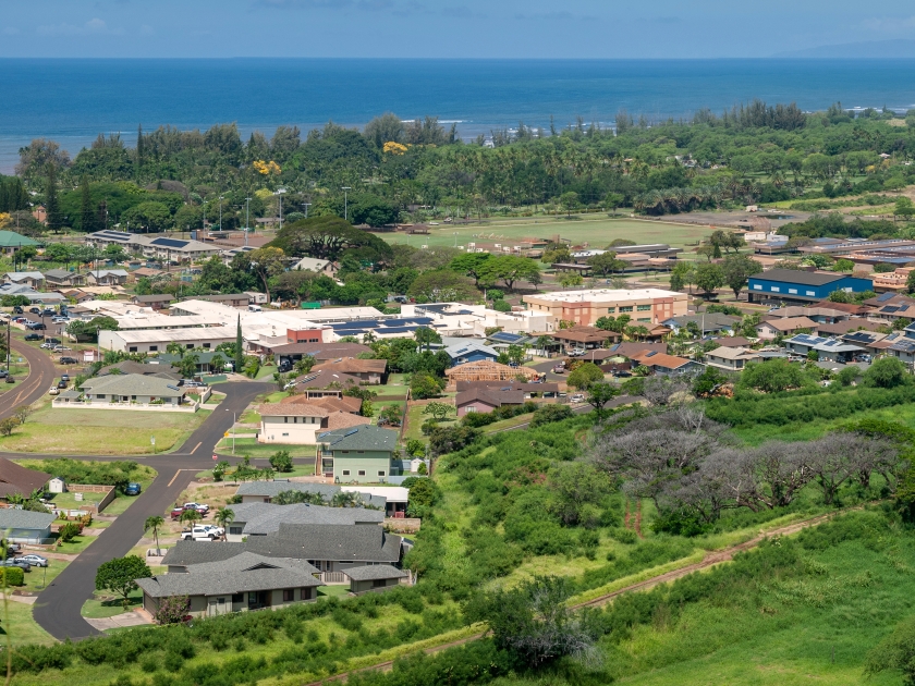 Panoramic View of the Town of Waimea, Kauai, Hawaii. This historic seaport town is a stone’s throw from where British discoverer Captain James Cook first landed in Hawaiʻi in 1778.