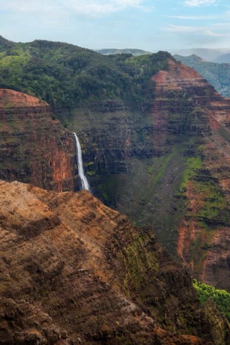 Waipo’o Falls in Waimea Canyon, Kauai, Hawaii. Waipo'o Falls, a glorious two-tier, 800 foot waterfall, cascades into the deep and colorful gorge of the Waimea Canyon below.