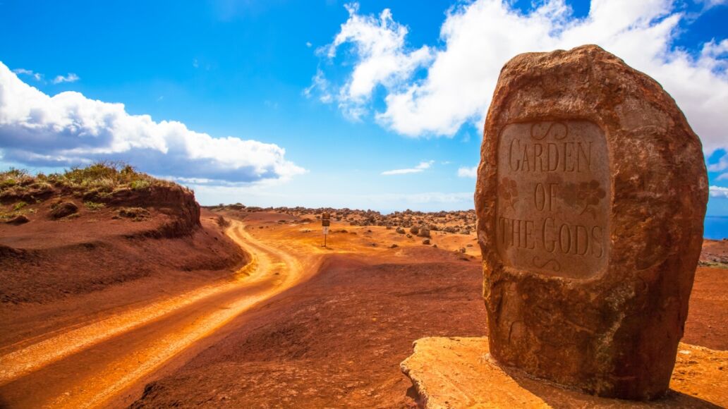 Lanai, Hawaii. Garden of the Gods. Dirt road and rock.