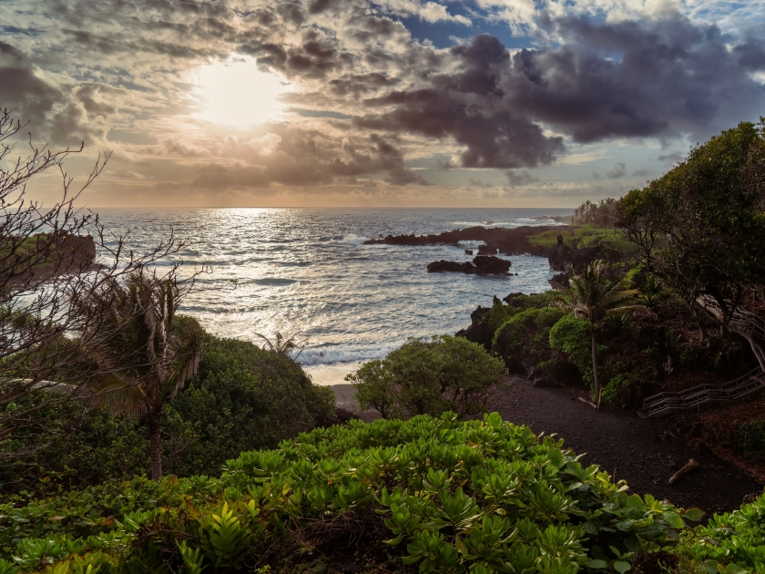 Ke Ala Loa O Maui and Piilani Trail scenery, known as the Wai'anapanapa Coast Trail South, barren lava rock and offers some incredible views of the ocean, Wai'anapanapa Black Sand Beach