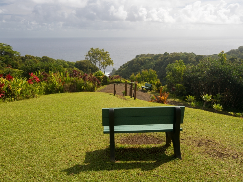 Keopuka rock overlook from garden with pacific ocean in the background