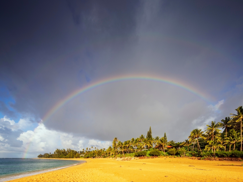 Rainbow over haena state park beach, kauai island, hawaii, united states of america, north america