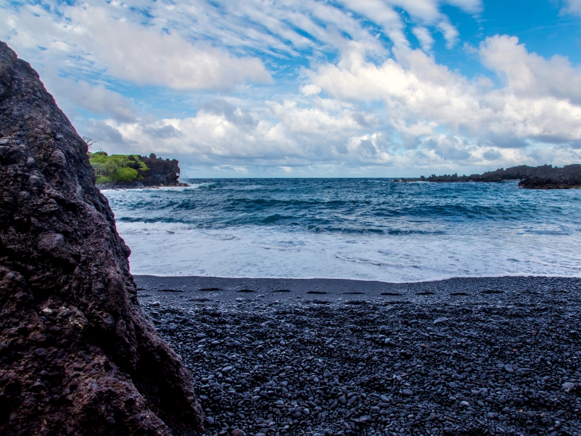 Road to Hana: Wai'anapanapa State Park, famous for its black lava sand beach a few miles north of Hana in East Maui.