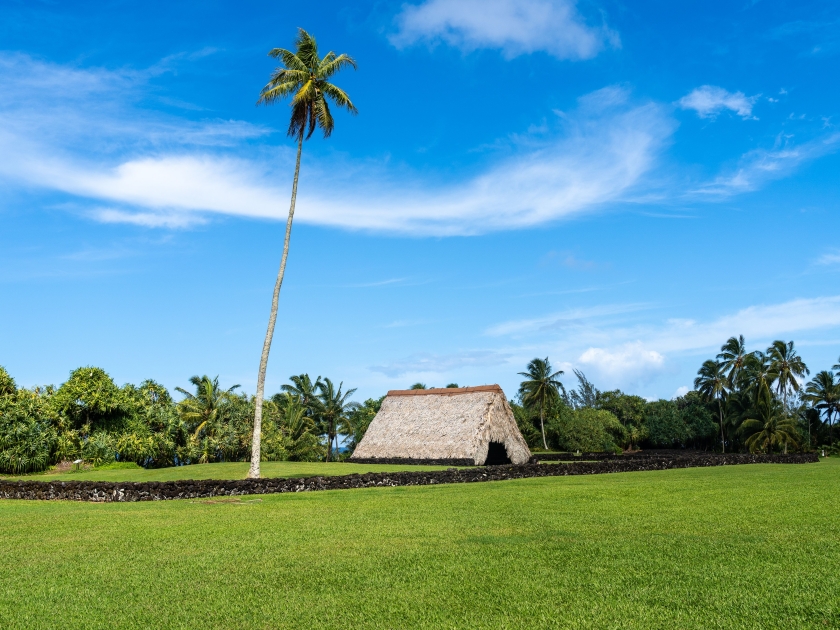 HANA HAWAII, UNITED STATES - Nov 20, 2019: A Hawaiian Canoe House and volcanic rock wall, with green manicured lawn and coconut palms, at Kahanu Garden, Hana, the island of Maui, Hawaii