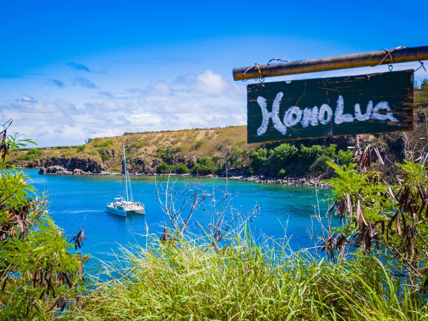 Landscape of Honolua Bay in Maui Hawaii. Honolua Bay located north of Kapalua, West Maui Hawaii, United States. Snorkeling paradise coral reefs in marine preserve.