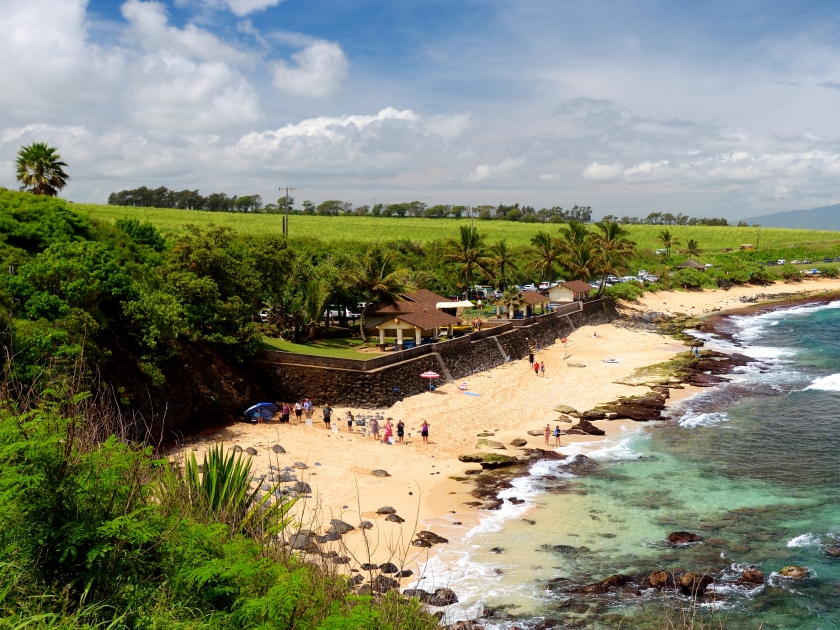 Famous Hookipa beach, popular surfing spot filled with a white sand beach, picnic areas and pavilions. Maui, Hawaii, USA.