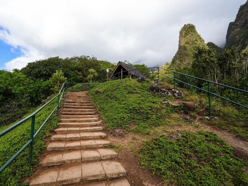 Stairs leading up to the Iao Needle State Monument in Iao Valley in the west of Maui island in Hawaii, United States