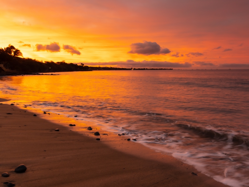 Waves on The Sandy Shores of Kaanapali Beach at Sunrise, Kaanapali, Maui, Hawaii, USA