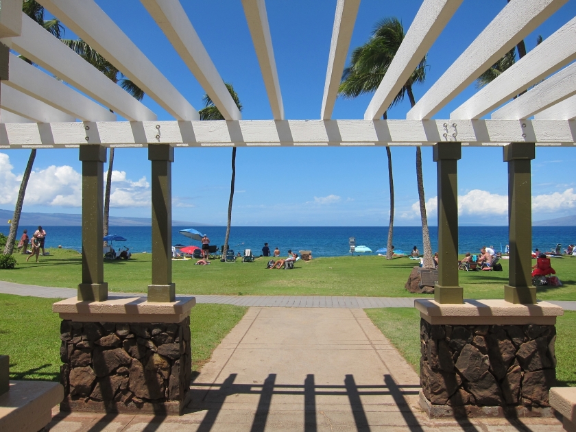 View of a sunny beach from a white wooden shelter. Symmetrical shadows opposite to the roof. Deep blue sea, clear blue sky, palm trees, green lawn, stone pillars, people sunbathing and relaxing.