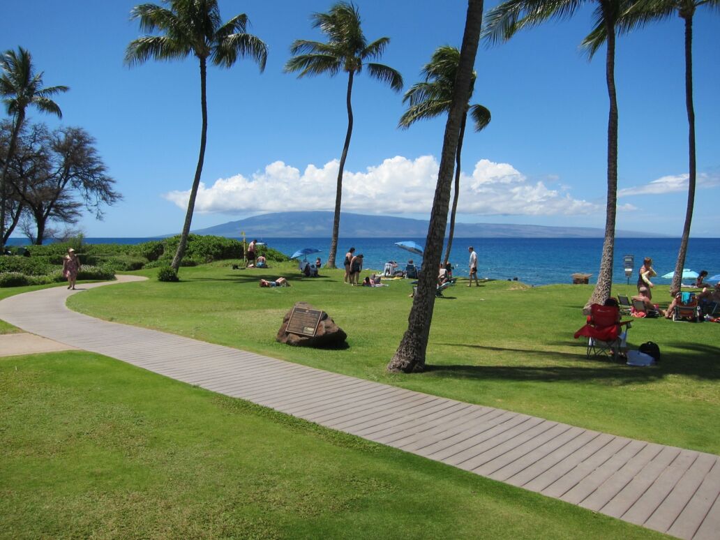 Palm trees, green lawn, clear blue sky, sunny day, people sunbathing and relaxing. View of Lanai island beneath white clouds. Concrete walkway across. Kaanapali, Kahekili Beach Park, Maui, Hawaii.