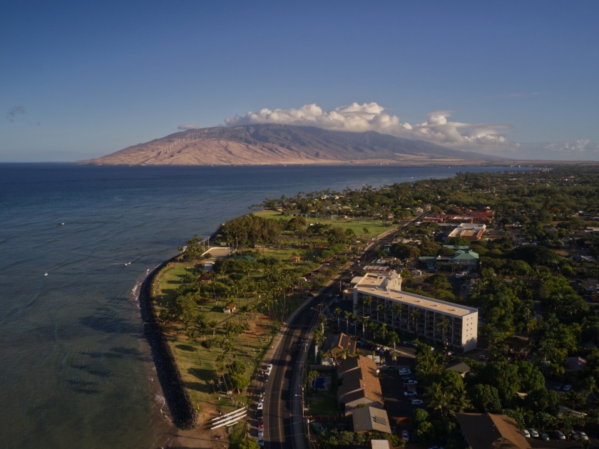 An aerial view of the town of Kihei on the island of Maui.