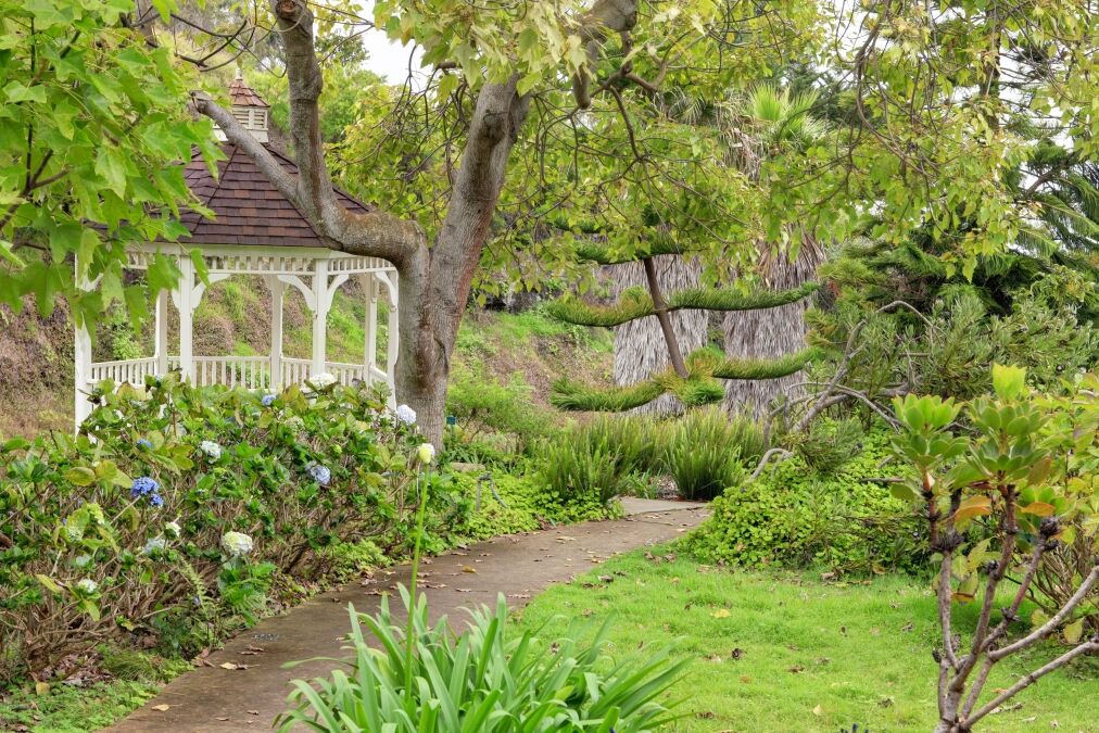 Kula Botanical Garden. Maui. Hawaii. White gazebo. Tropical landscape.