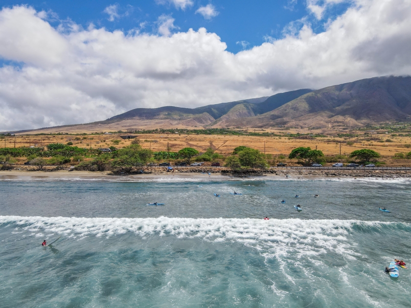 Aerial view Maui Island Beach, Hawaii. Launiupoko State Beach during hot summer.