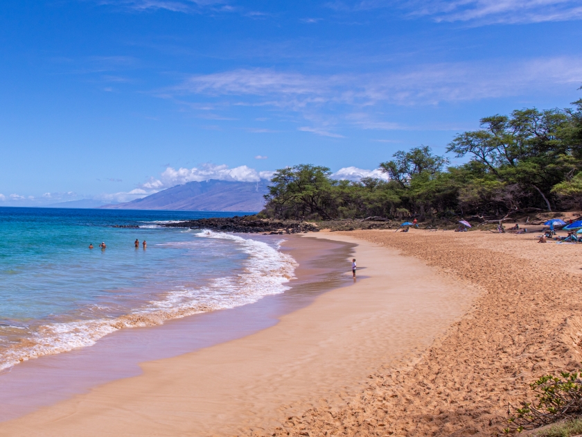 Panoramic view at Little beach, Wailea-Makena, Maui, Hawaii. Little beach is a secluded place near Puu Olai cinder cone