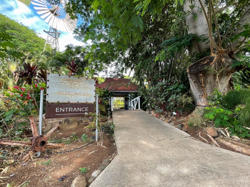 Maui, Hawai’i, USA - July 22, 2024: The entrance welcomes guests to the historic Maui Tropical Plantation in Waikapu.