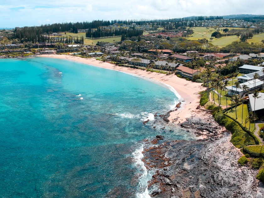 Wide aerial photo of Napili bay on Maui