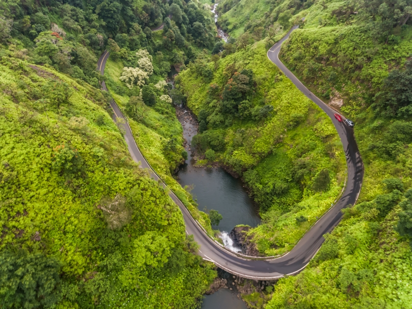 Aerial view of a waterfall on the road to Hana Maui Hawaii