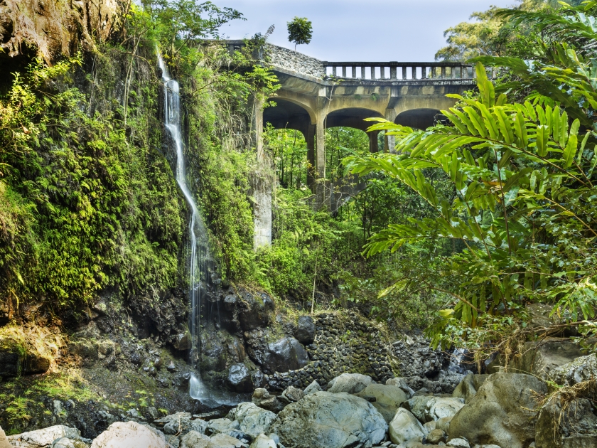 Bridge on the Hana Highway across the Wailua Nui Stream near the Upper Waikuni Falls on Maui Island in Hawaii.