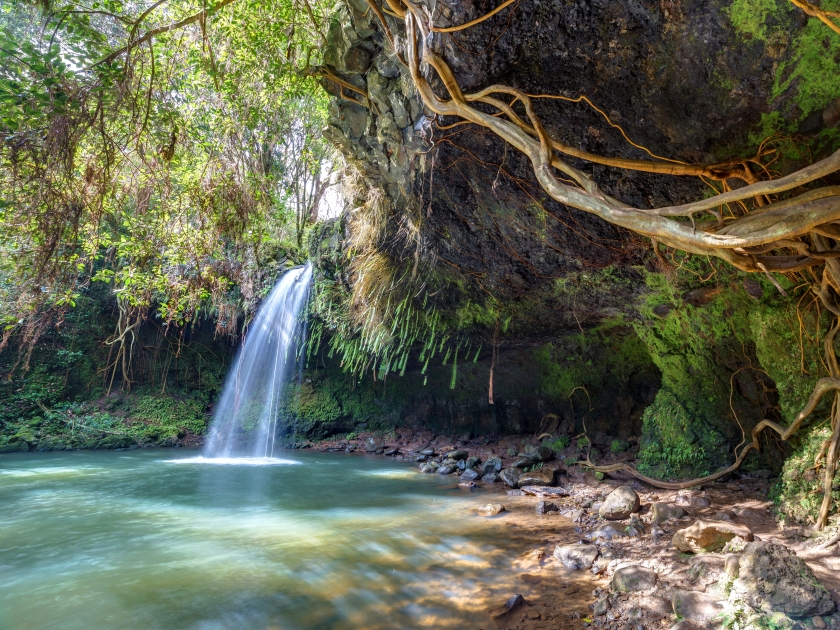 Twin falls wilderness, lush tropical waterfall on the island of maui, Hawaii