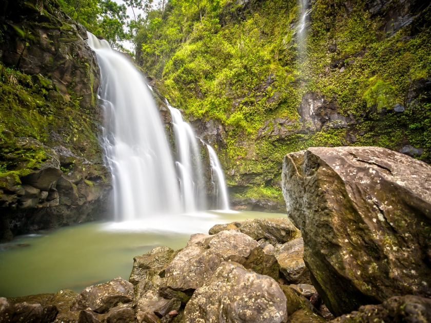 Three Bears Waterfalls / Waikani Falls on the Road to Hana in Maui, Hawaii