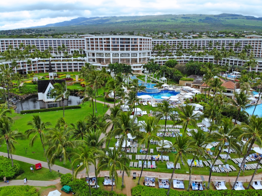 MAUI, HI -5 APR 2018- Aerial view of the Grand Wailea, a Waldorf Astoria hotel, one of several resorts in the exclusive Wailea area on the West shore of the Hawaiian island of Maui.