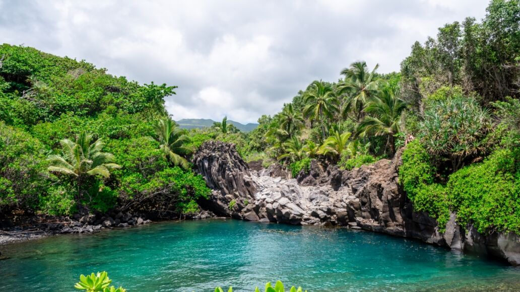 Gorgeous lagoon with turquoise waters by the ocean. Lush jungle and rocks in the background. Shot in Haleakala National Park on the road to Hana, Maui Hawaii.